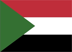 [ai] The national flag of Sudan, featuring three horizontal stripes of red, white, and black, with a green triangle on the left side.